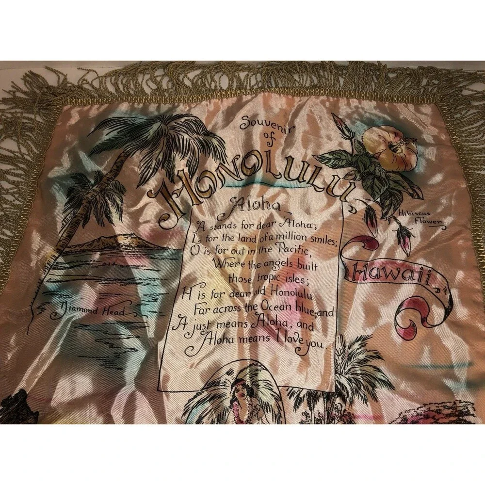 Vintage Honolulu Hawaii Satin Souvenir Pillow Cover Fringe Aloha Mid Century